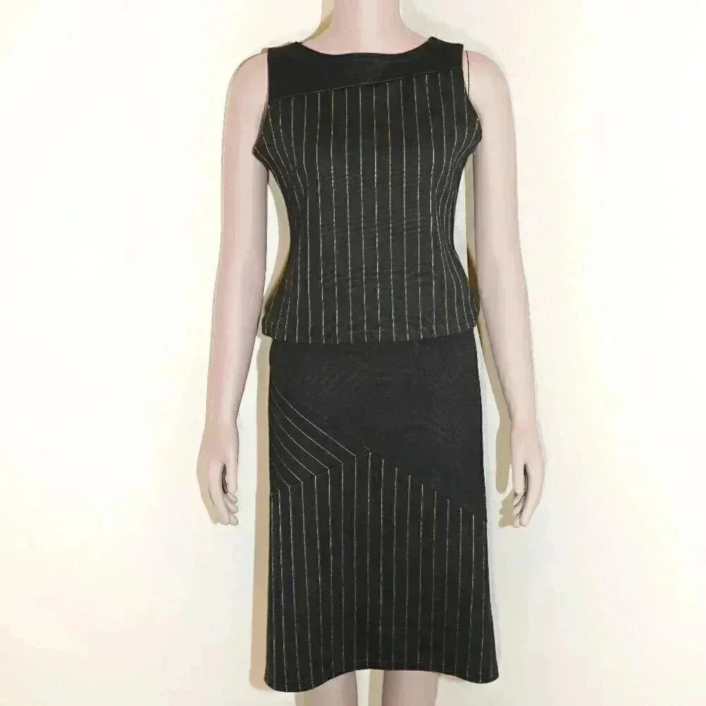 Vintage Y2K Black Striped Skirt Suit Matching Set Size Medium 90s Fall Outerwear